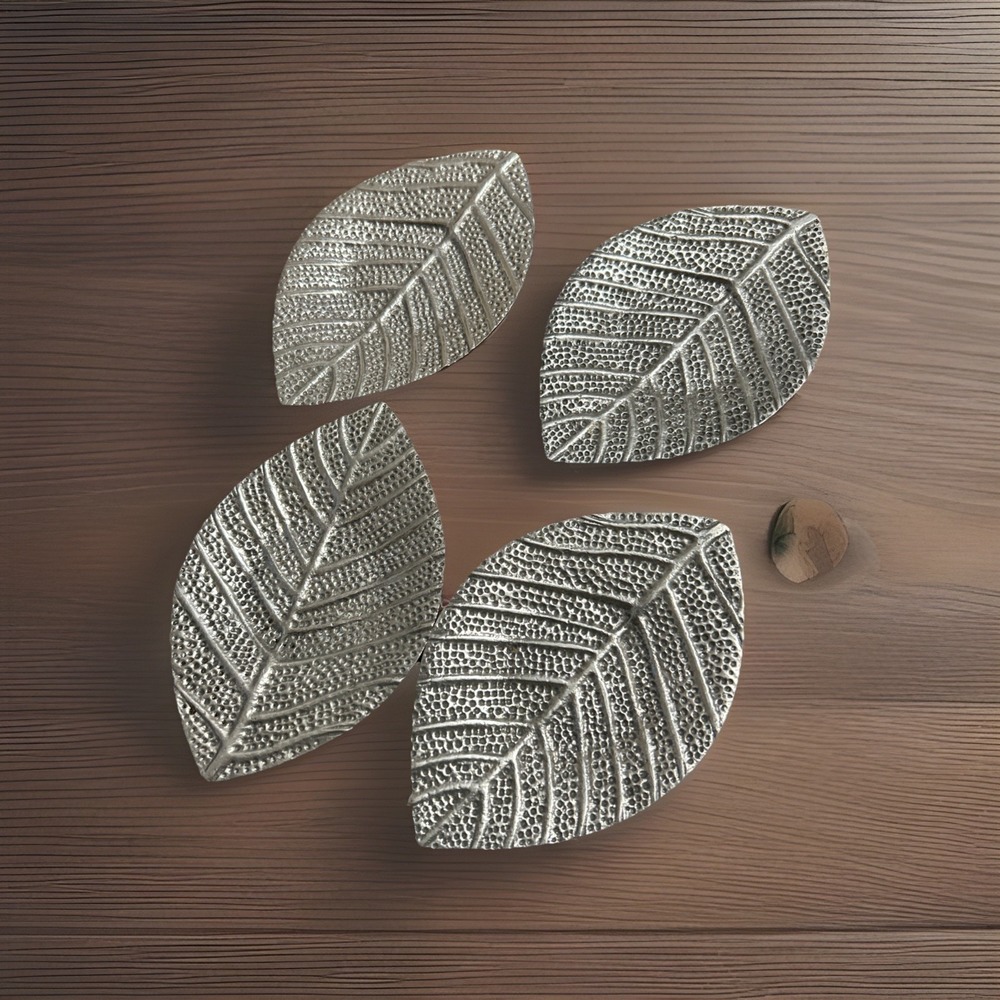 Set of 4 Silver Tone Jaipur Leaf Coasters India Tray Tea light Holder